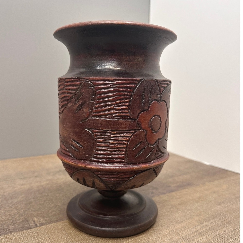 Vintage Hand Carved Wooden Vase Floral Pedestal Rustic Boho Decor Brown 7.5 Inch